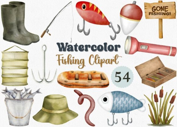 Download Watercolor Fishing Clipart Set, 54 PNG - Fishing Collection