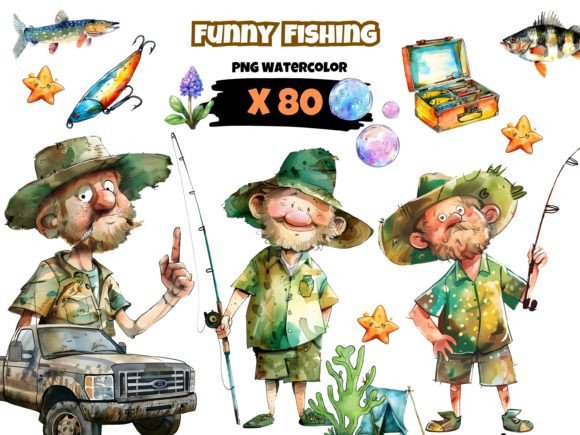 Download Watercolor Fishing Clipart, Funny Theme - Fishing Collection